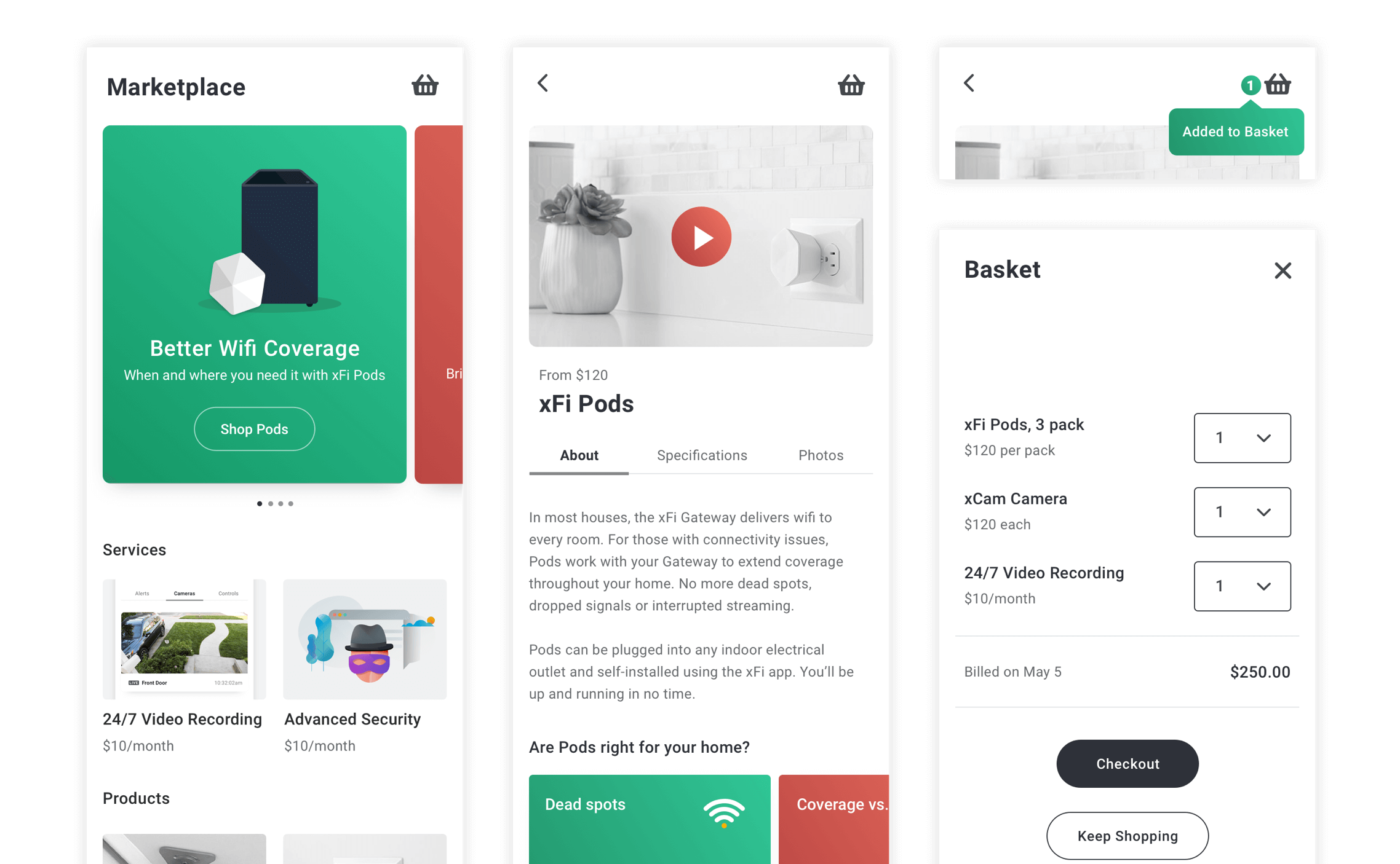 Screens of the ecommerce experience in the xFi Marketplace