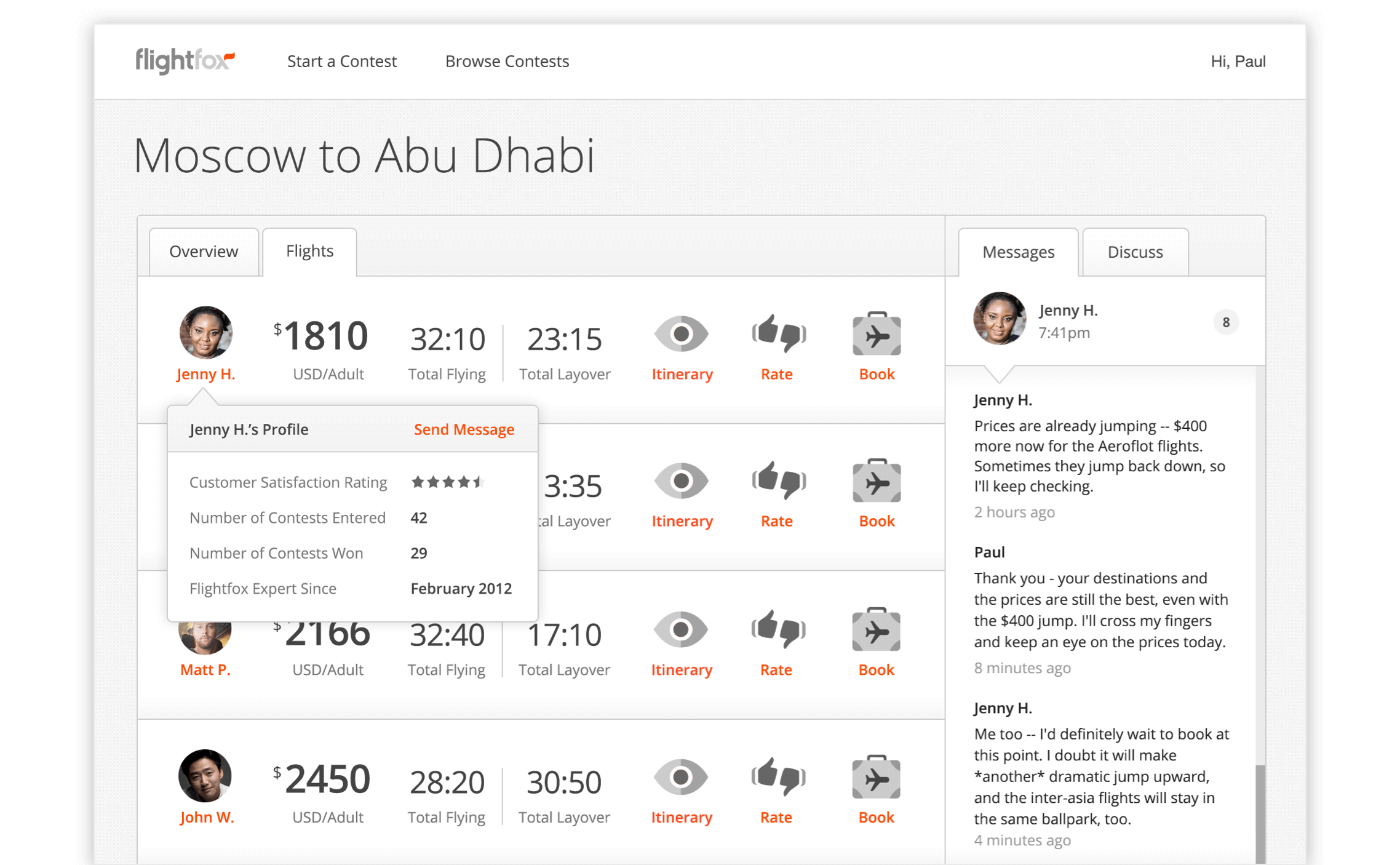 Screenshot of Flightfox's active flight contest page