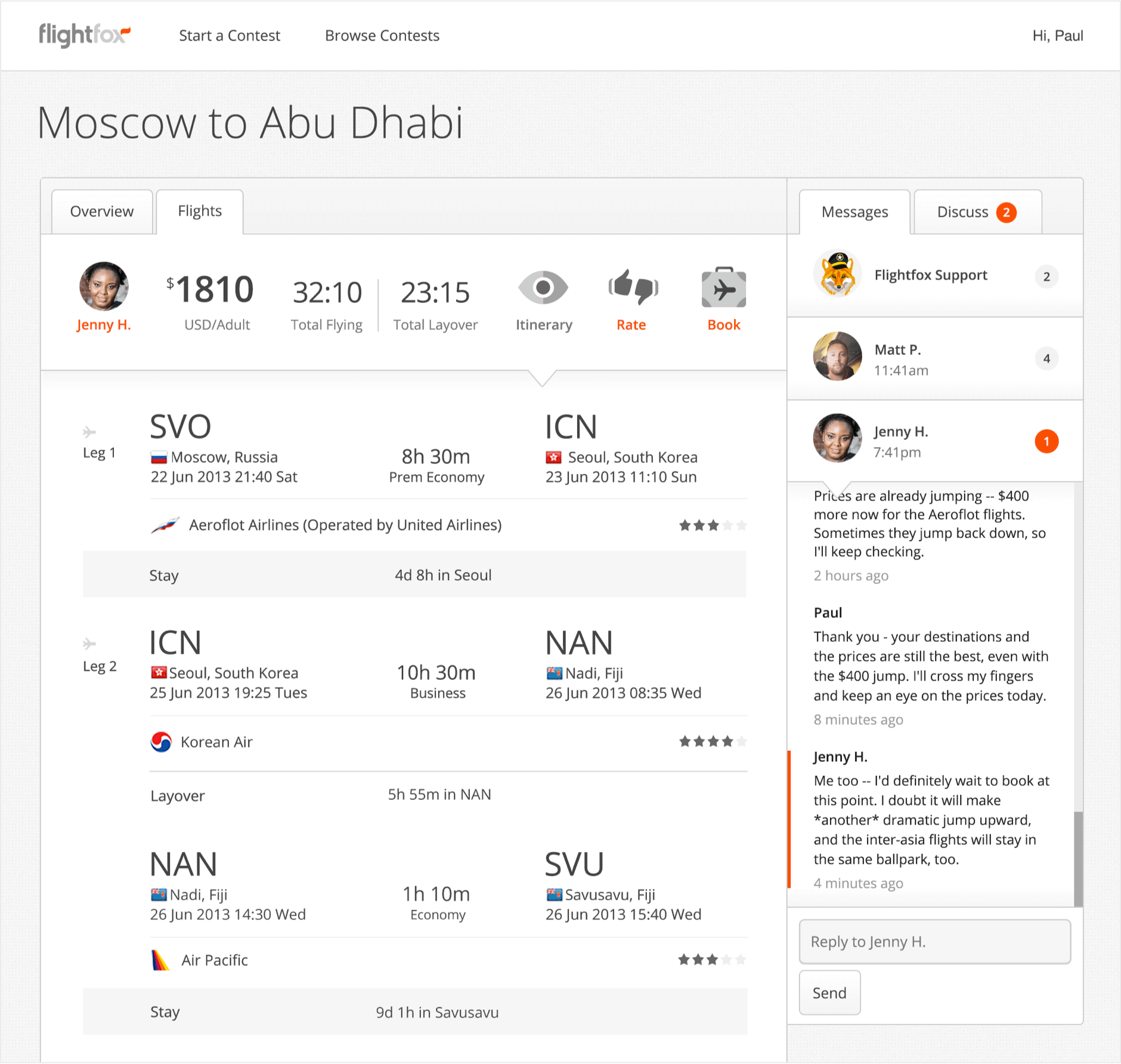 An improved itinerary incorporating local times, countries, layovers, stops, airline ratings and seat classes