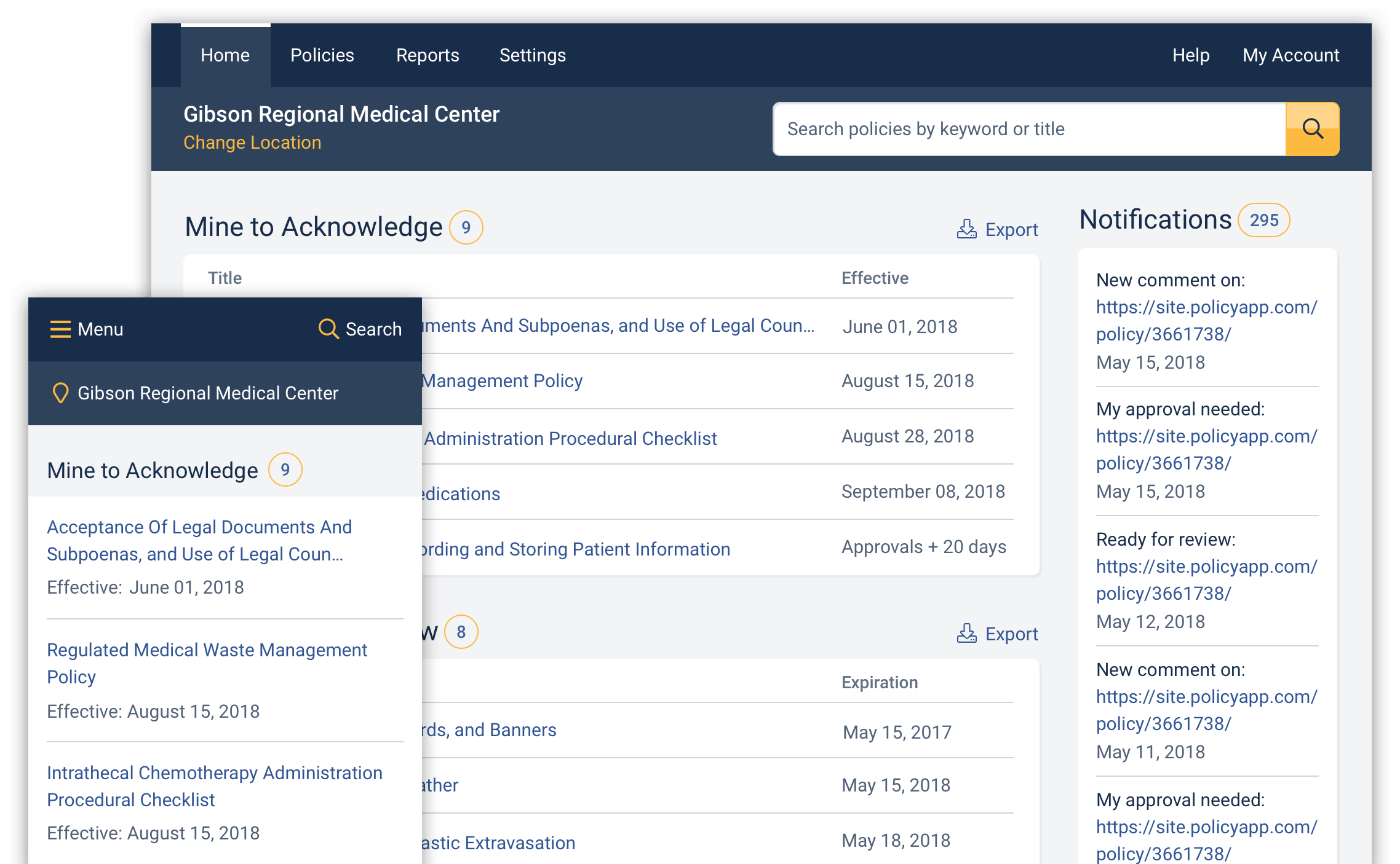 Screenshots of a policy management application's homepage as it renders on desktop and mobile screens