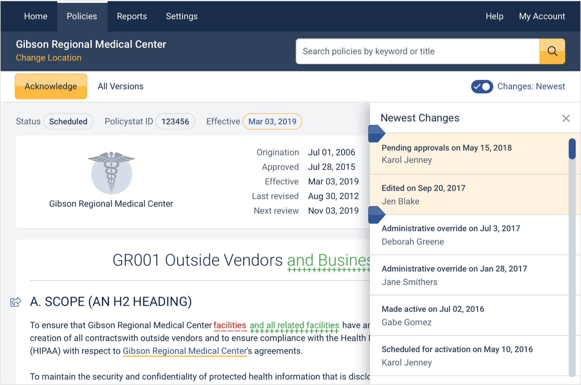 Preview of the app's improved timeline of changes when viewing a newly revised policy